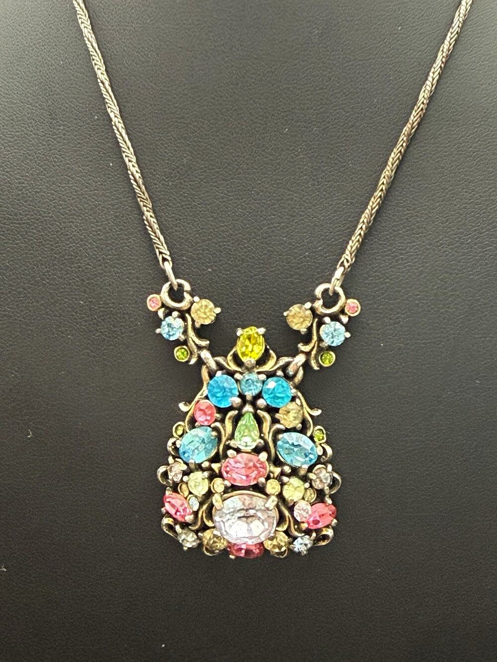 Vintage 1950 Hollycraft Signed Pastel Rhinestone Pendant Necklace As Is Craft